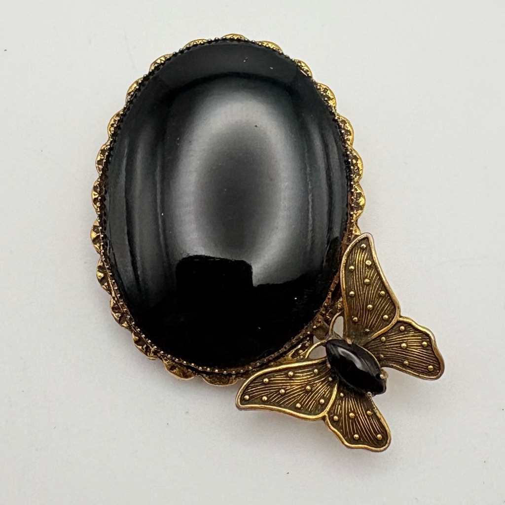 Vintage Original By Robert Black Glass Butterfly Brooch Pendant